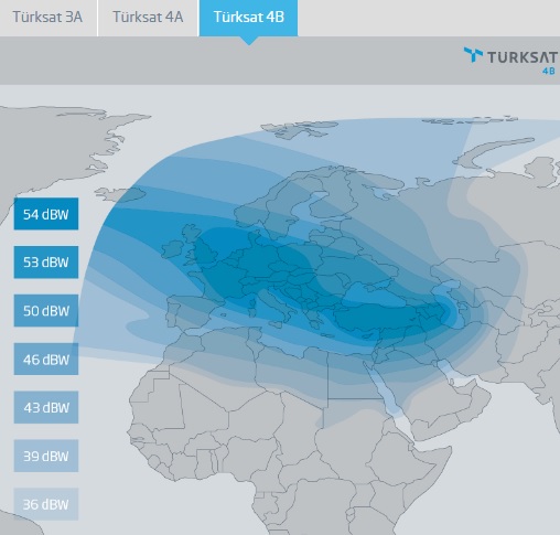 TURKSAT 4-B kapsama alanı.